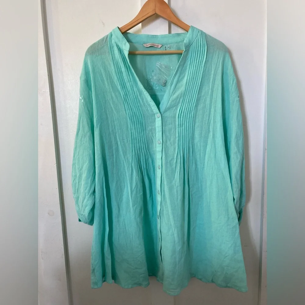 NWT soft surroundings 2X button down blouse roll tab sleeves aqua - Picture 1 of 10